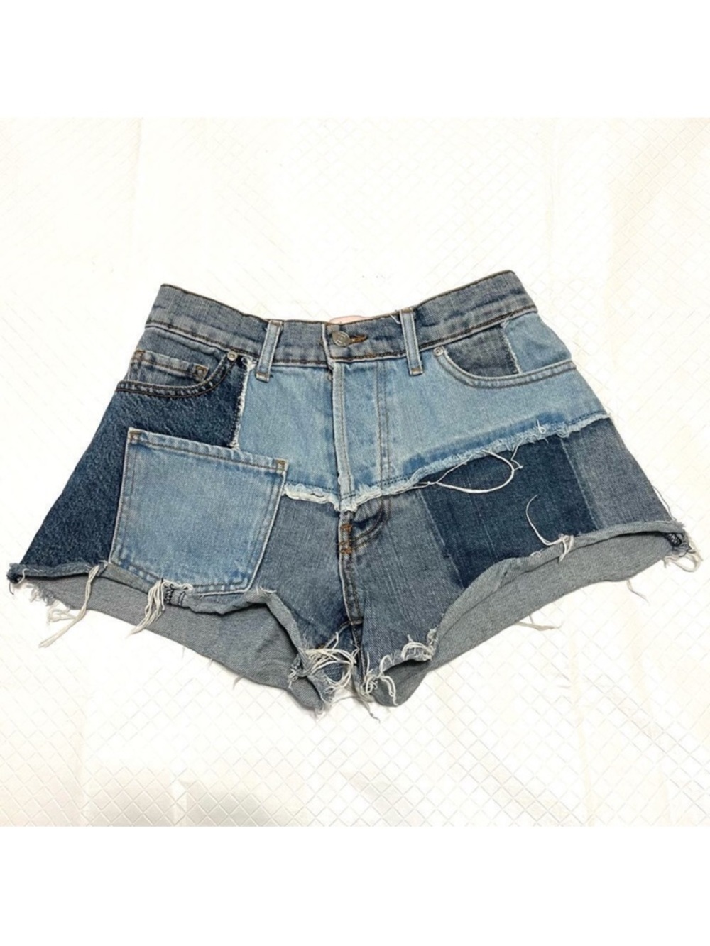 Revice Matchmaker Shorts Patchwork Denim Distressed Cutoffs Festival Size 26